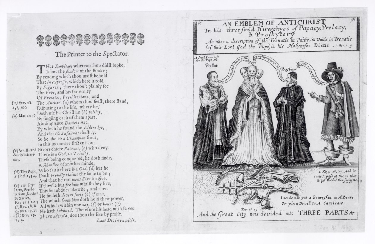 Az Antikrisztus jelképe a pápaság, elöljáróság és presbitérium háromszoros hierarchiájában, 1649 alkotó: English School