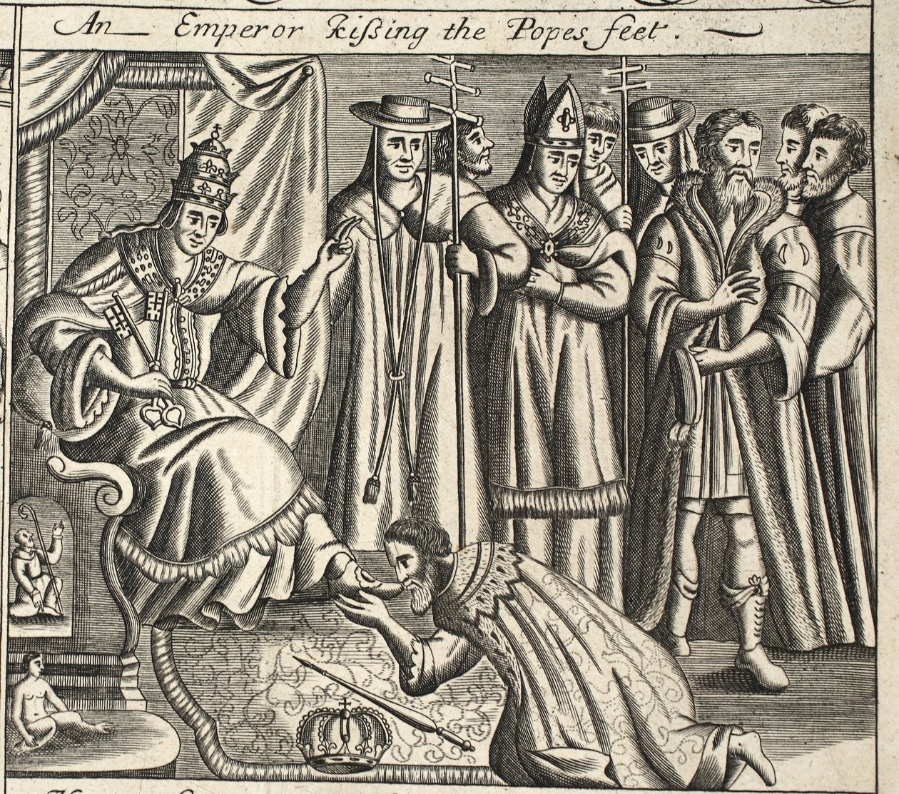 Egy császár megcsókolja a pápák lábát, illusztráció a Cselekedetek és emlékművekből, John Foxe, kilencedik kiadás, pub. 1684 alkotó: English School