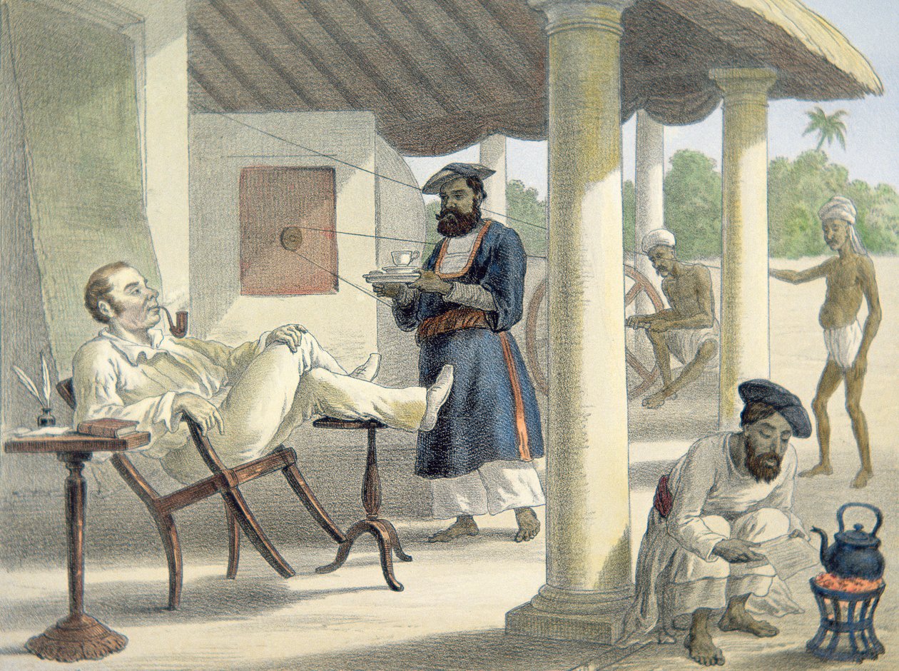 Egy angol tisztviselő és anyanyelvi szolgái, 1860 körül (színes litho) alkotó: English School