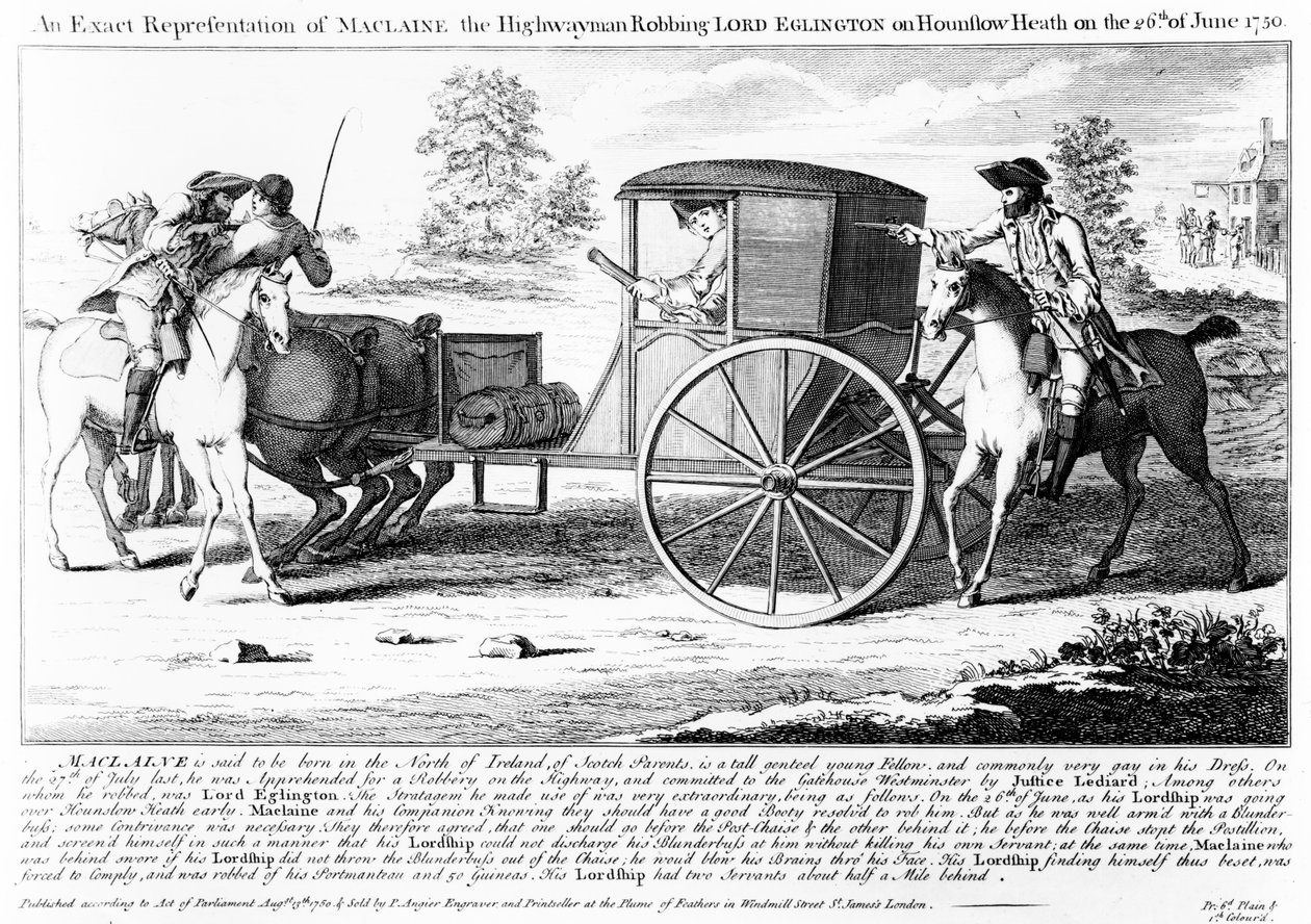 Pontos ábrázolása Maclaine, az országúti embernek, aki kirabolta Lord Eglingtont a Hounslow Heath-en 1750. június 26-án, Charles Mosley lenyomata, 1750 alkotó: English School