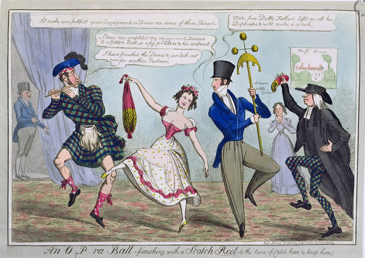 Egy O.P.ra bál, egy Scotch Reel-vel befejezve a Catch Him and Keep Him dallamára, kocsma. szerző: S.W. Fores, 1823 (színes rézkarc) alkotó: English School