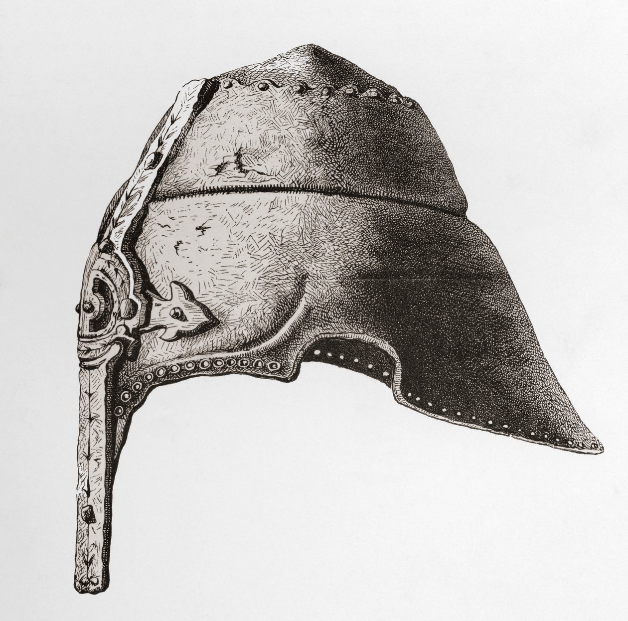 Egy korai 12. századi orrsisakra, a The British Army: Its Origins, Progress and Equipment című könyvéből, 1868-ban. alkotó: English School