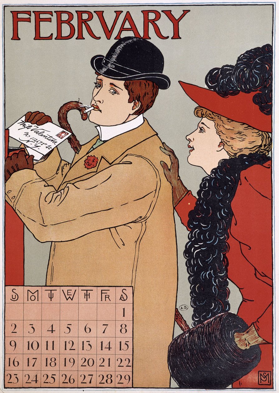 Egy elegáns pár (a férfi levelet küld), angol naptárkép, február hónap, n.d. század vége. alkotó: English School