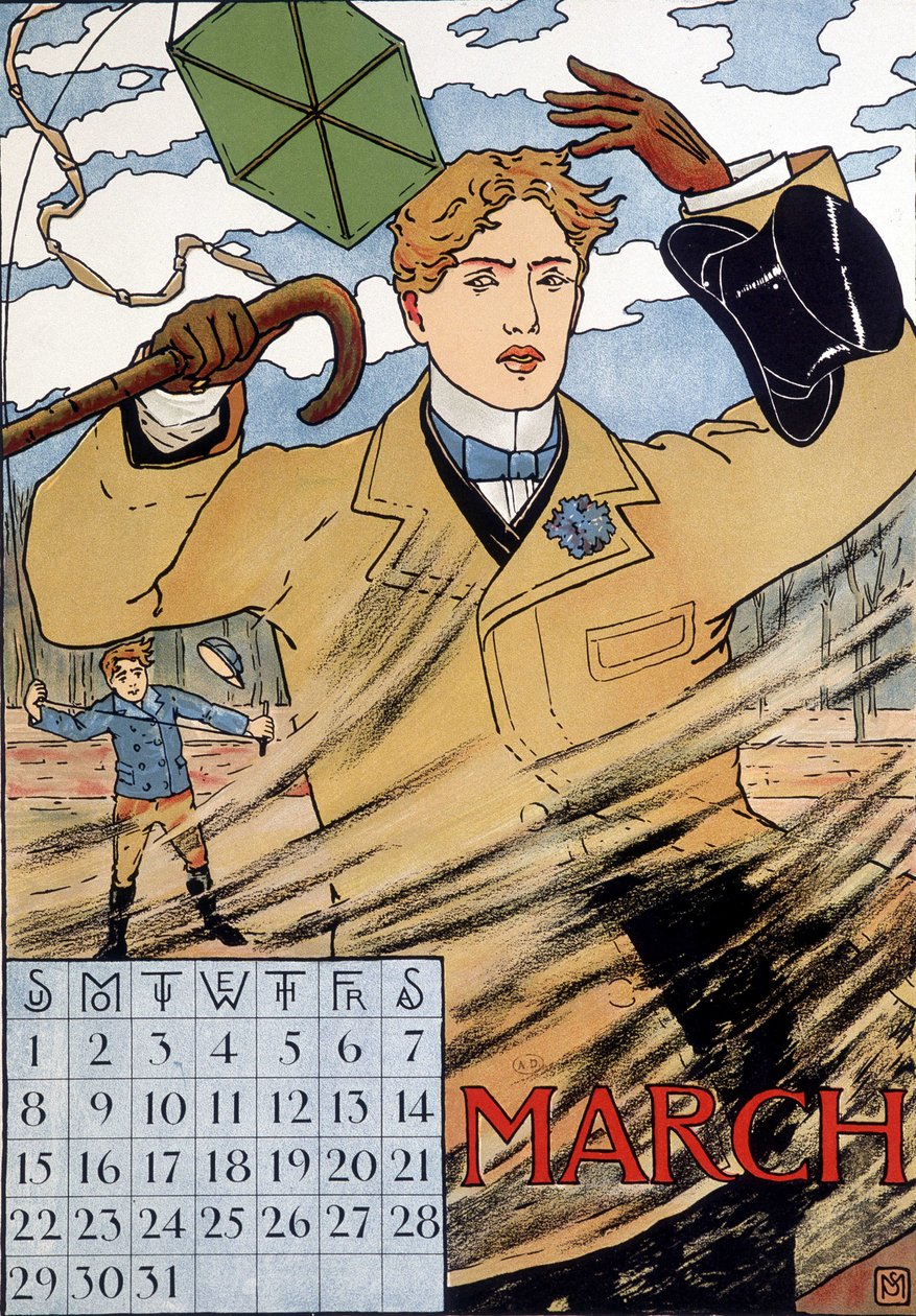 Elegáns férfi küszködik a széllel - angol naptárkép, március, 19. század vége alkotó: English School