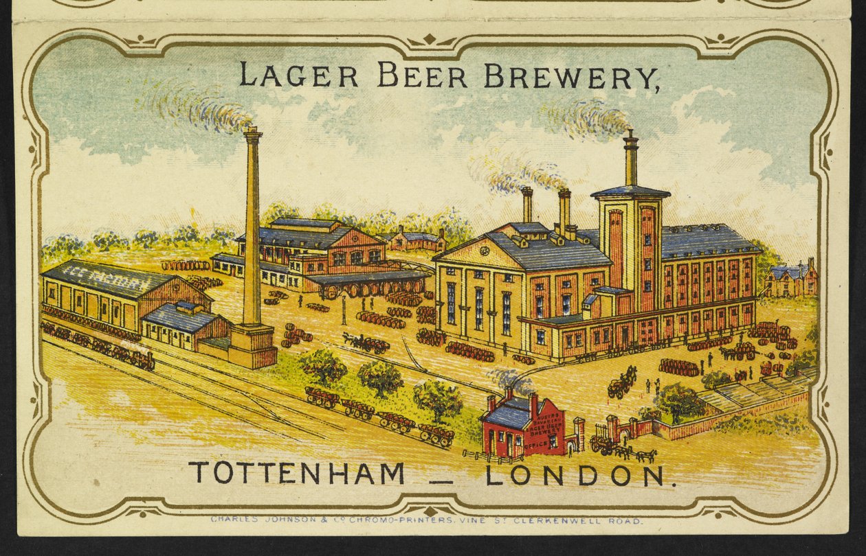 A londoni Tottenhamben található osztrák-bajor Lager sörfőzde illusztrációja alkotó: English School