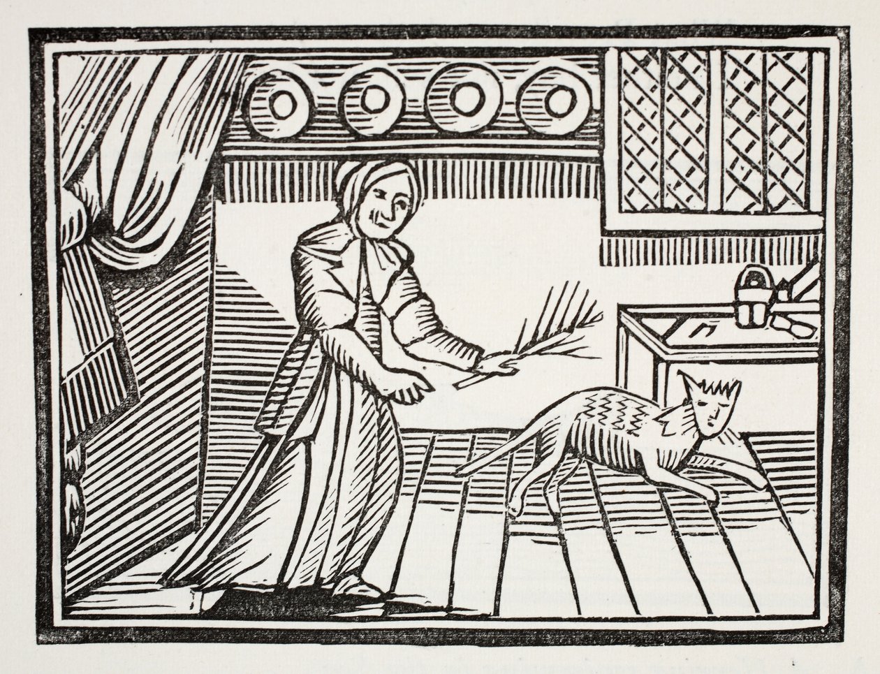 Egy idős nő, aki a macskáját korbácsolja, hogy egereket fogjon vasárnap, illusztráció a Chap-books of the Eightenth Century-ből, John Ashton, pub. 1882 alkotó: English School
