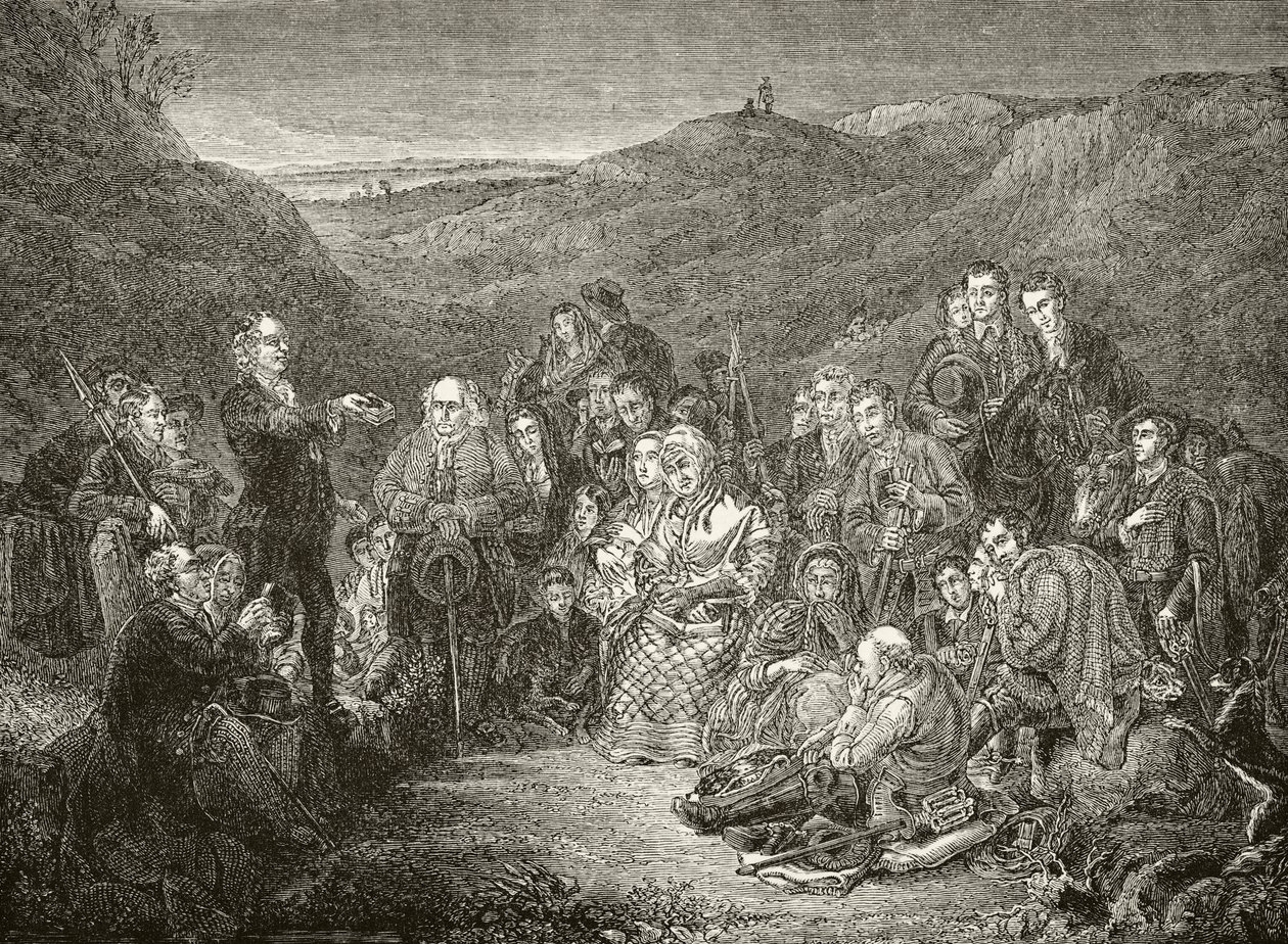 A Scottish Covenanters szabadtéri találkozója William Hickman Smith Aubrey (1858-1916) „Anglia nemzeti és hazai története” című könyvéből, London, 1890 körül. alkotó: English School