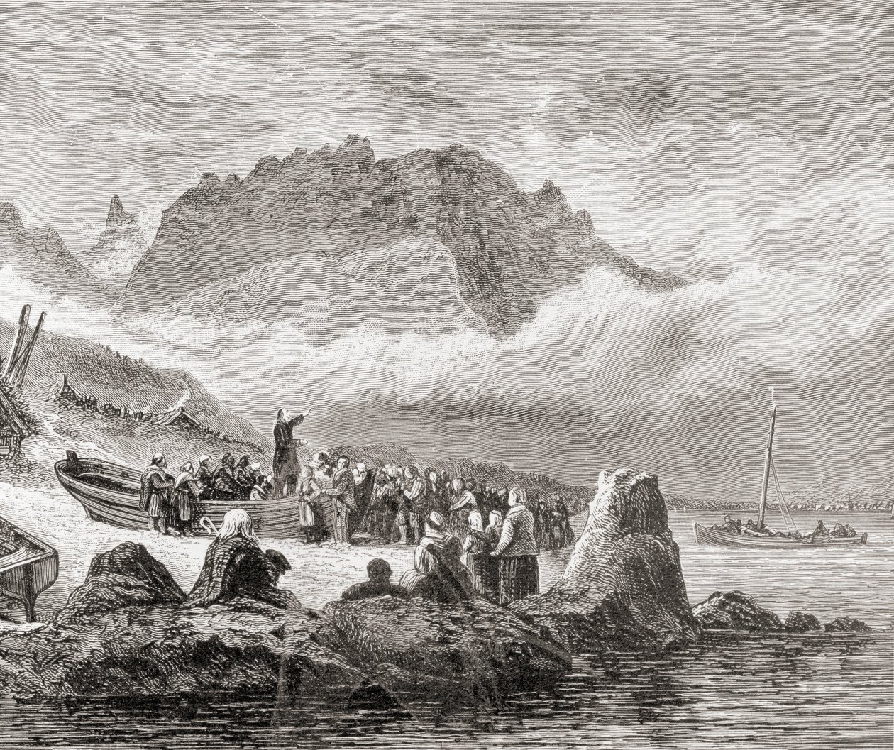 Szabadtéri szolgáltatás Skye szigetén, Belső Hebridákon, Samuel G. Green 1886-ban megjelent „Skót tollal és ceruzával rajzolt képek” című művéből. alkotó: English School