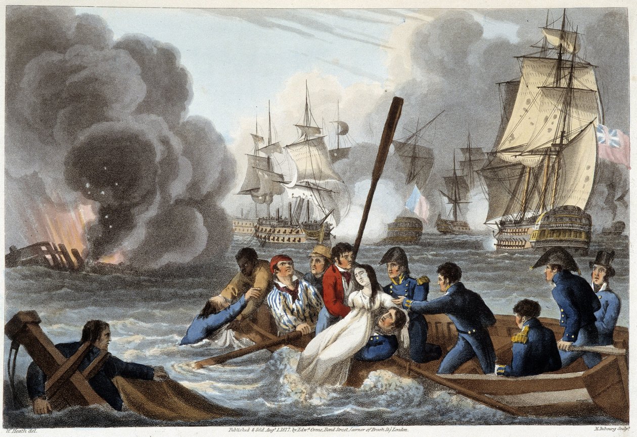 Anekdota a Trafalgar in "Történelmi, katonai és haditengerészeti anekdoták és események, amelyek érkezett a karok Nagy-Britannia és szövetségeseik, végződő Waterloo" Edward Orme. Ill. a következő szerzőkkel: Fry, Sutherland, Clark, Dubourg, W.Heart, JA, At alkotó: English School