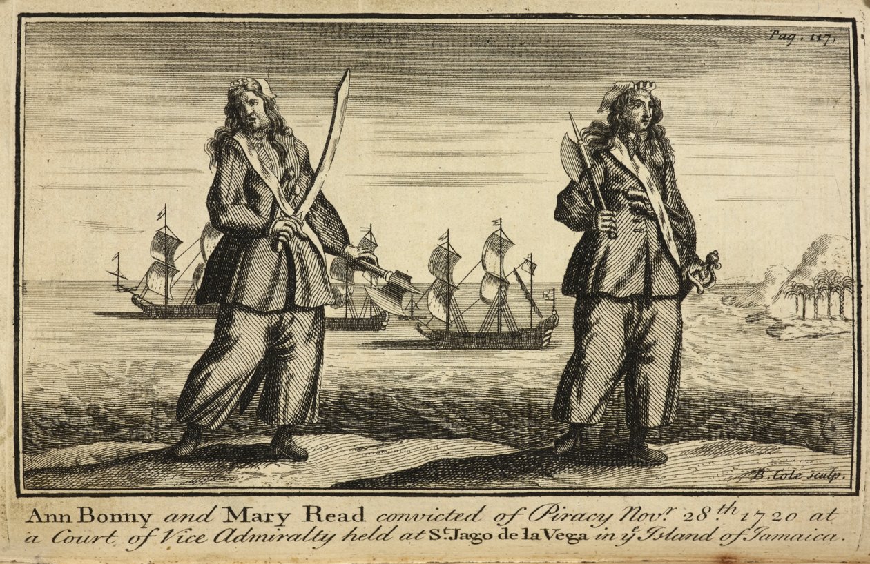 "Ann Bonnyt és Mary Readet kalózkodásért elítélték 1720. november 28-án a jamaicai szigeten lévő St. Jago de la Vega-ban tartott admiralitási bíróságon" alkotó: English School