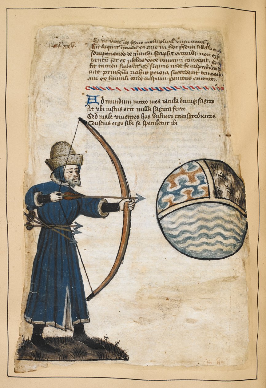 Archer (John Gower?) nyilakkal lövi a világot, hogy eltalálja a gonoszokat, illusztráció a „Vox Clamantis”-ból, John Gower, 1408 körül (vellum) alkotó: English School