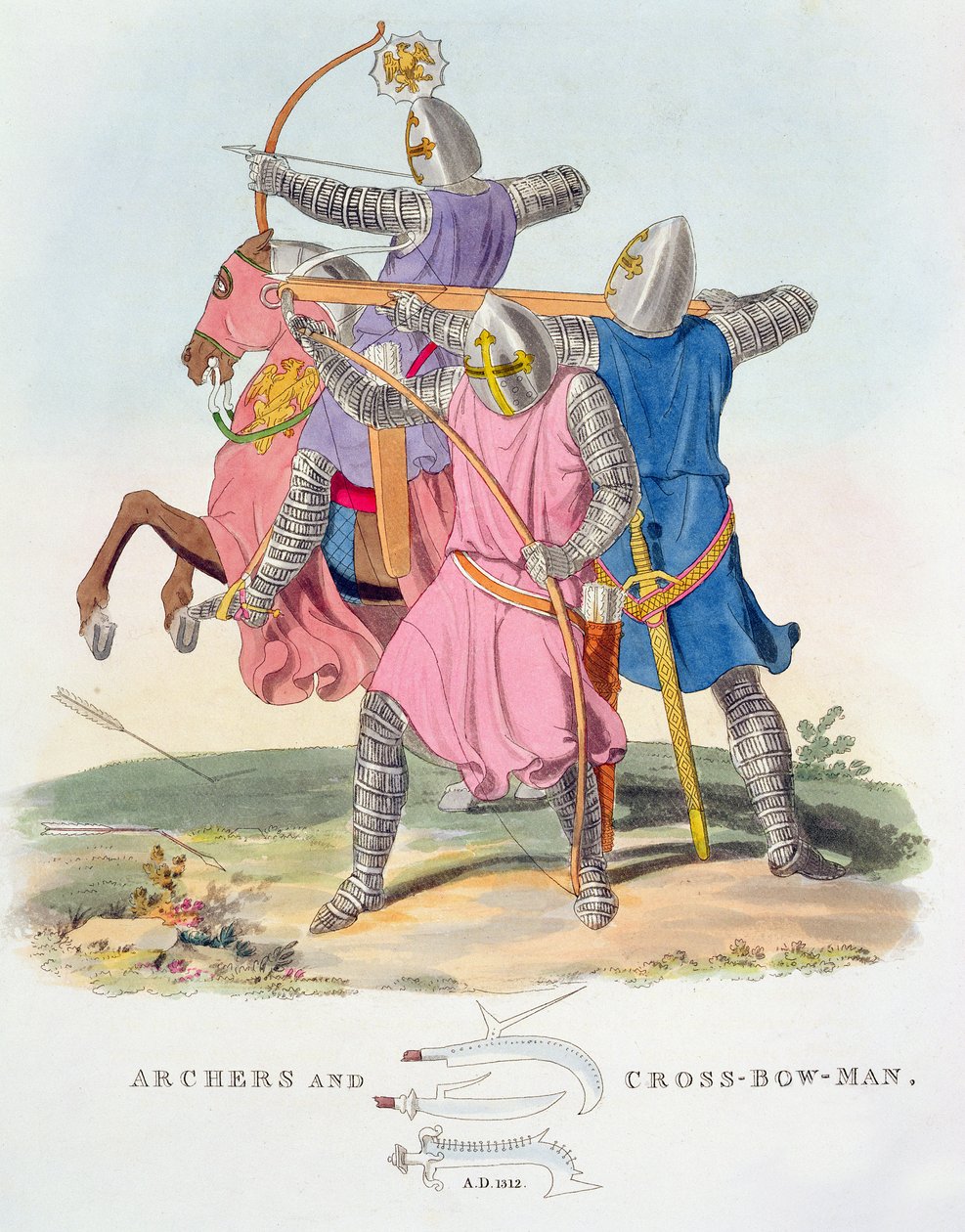 Íjászok és keresztíjász, 1312, Samuel Rush Meryrick ősi páncéljából, 1824 alkotó: English School