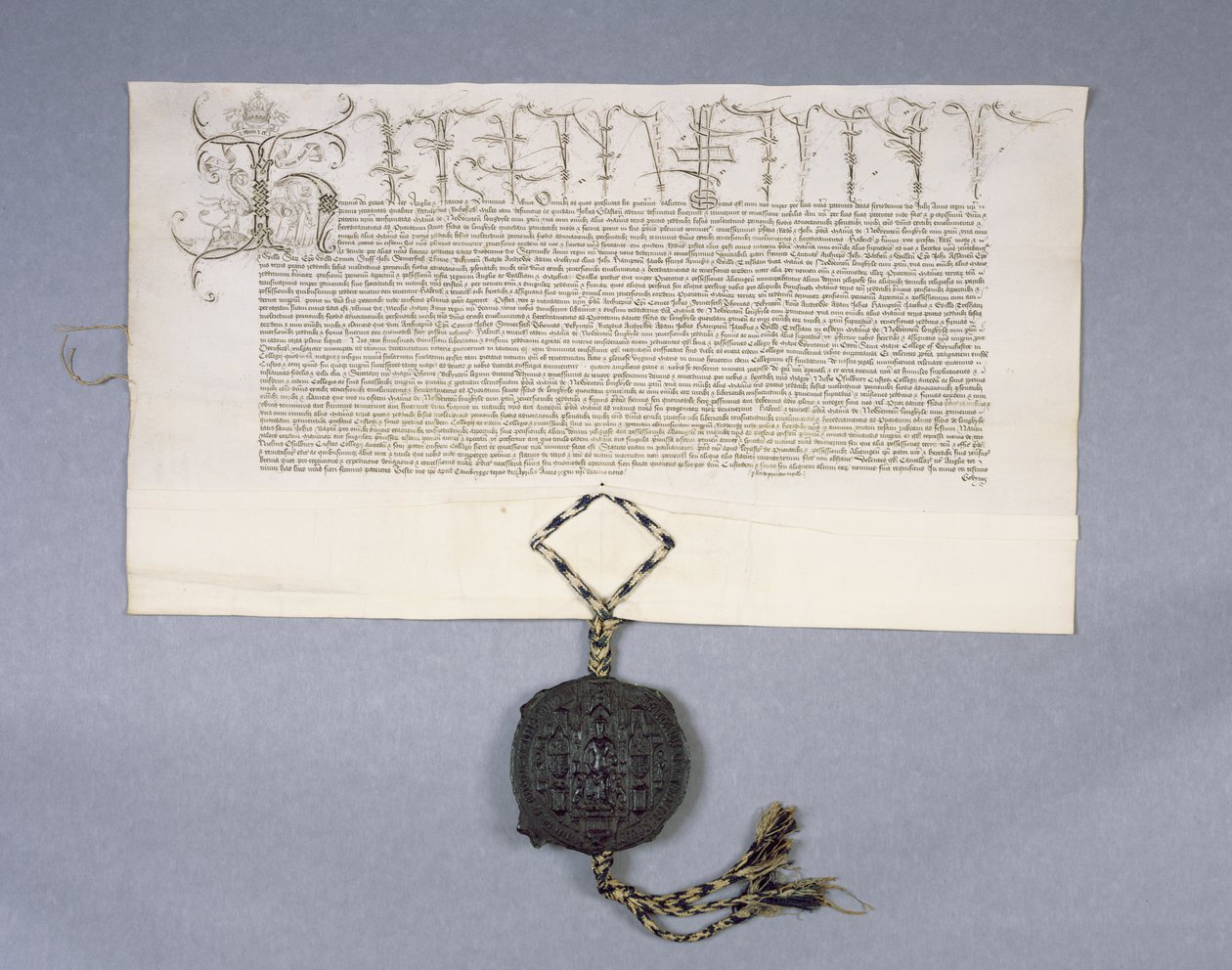 Archívum 11980: VI. Henrik király okleveles felvételi támogatása a New College Oxford számára Newton Longville birtokairól, 1441 (tinta pergamenre) alkotó: English School
