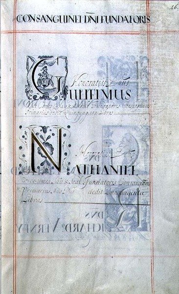 Archívum 3693 f.46 Az oxfordi New College három jótevőjét felsoroló oldal: Gulielmus, Nathaniel, egy jótétemény-könyvből alkotó: English School
