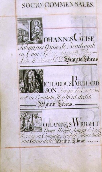 Archive 3693 f.60v Az oxfordi New College három jótevőjét felsoroló oldal: Johannes Guise, Richardus Richardson és Johannes Wright, egy jótékonysági könyvből, 16812-84 (toll és tinta). alkotó: English School