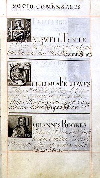 Archívum 3693 f.63 Az oxfordi New College három jótevőjét felsoroló oldal; Halswell Tynte, Gulielmus Fellowes és Johannes Rogers, egy jótétemény-könyvből alkotó: English School