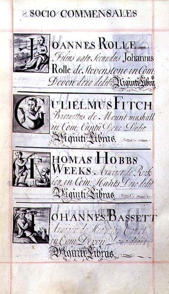 Archívum 3693 f.65 Az oxfordi New College négy jótevőjét felsoroló oldal; Joannes Rolle, Gulielmus Fitch, Thomas Hobbs Weeks és Johannes Bassett egy jótétemény-könyvből alkotó: English School