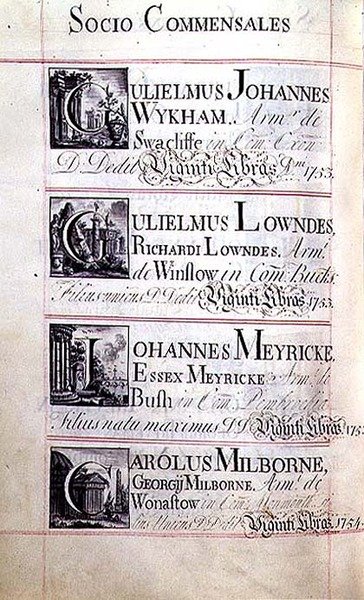 Archívum 3693 f.94v Az oxfordi New College négy jótevőjét felsoroló oldal; Gulielmus Johannes Wykham, Gulielmus Lowndes, Johannes Meyricke és Carolus Milborne alkotó: English School