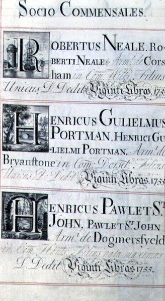 Archívum 3693 f.95 Az oxfordi New College három jótevőjét felsoroló oldal; Robertus Neale, Henricus Gulislmus Portman és Henricus Pawlet St. John alkotó: English School
