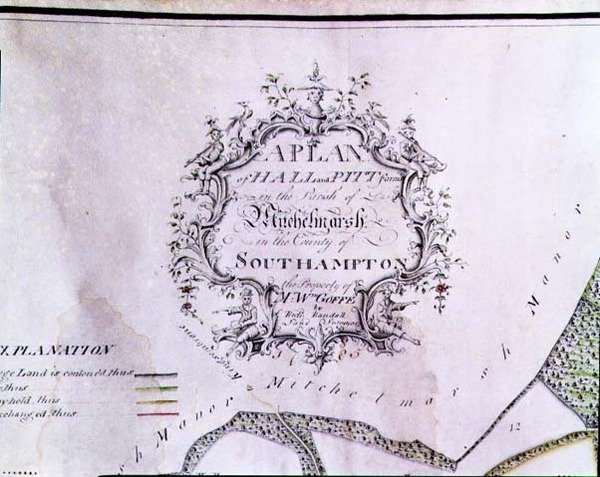 Archívum 5629 Leíró kartusz egy térképről: „Hall és Pitt farmok terve a Southampton megyei Mitchelmarsh plébánián, W. Goffe úr tulajdona, Richard Randall, földmérő” alkotó: English School