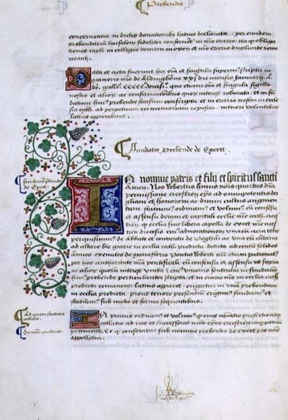 Archive 9432 f.15v Szövegoldal illuminált kezdőbetűkkel, Robert Sherborne vagy Shirburn (1450-1536 körül) chichesteri püspök alapítványi könyvéből (pergamen). alkotó: English School