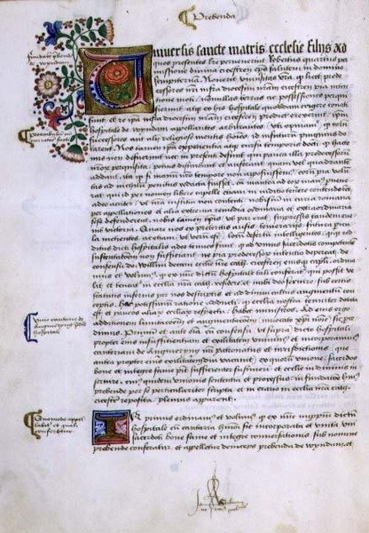 Archive 9432 f.17v Szövegoldal illuminált kezdőbetűkkel, Robert Sherborne vagy Shirburn (1450-1536 körül) chichesteri püspök alapítványi könyvéből (pergamen). alkotó: English School