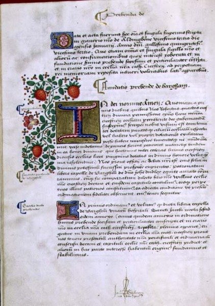 Archívum 9432 f.19v Szöveg oldala megvilágított „I” kezdőbetűvel, Robert Sherborne vagy Shirburn (kb. 1450-1536) Chichester püspöke (vellum) alapkönyvéből alkotó: English School