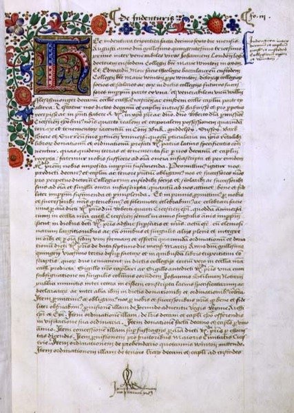 Archívum 9432 f.3 Szöveg oldala megvilágított "H" kezdőbetűvel, Robert Sherborne vagy Shirburn (kb. 1450-1536) Chichester püspöke (vellum) alapkönyvéből alkotó: English School
