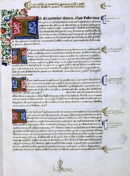Archive 9432 f.5 Szövegoldal, illuminált "I" kezdőbetűvel, Robert of Sherborne vagy Shirburn (1450-1536 körül) chichesteri püspök alapítványi könyvéből (pergamen). alkotó: English School