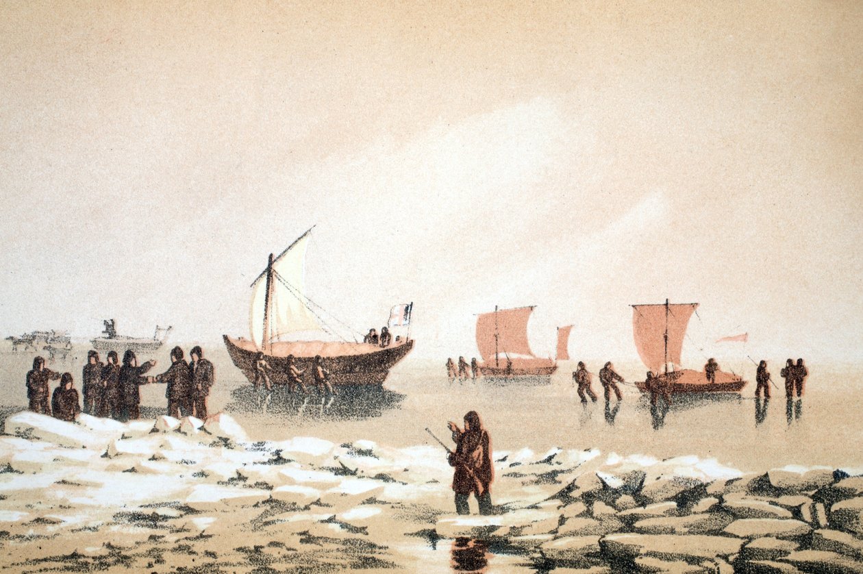 Arctic Travelling, illusztráció: Utazás a Baffins-öbölbe és a Barrow-szorosba..., 1852 (kézzel színezett metszet) alkotó: English School