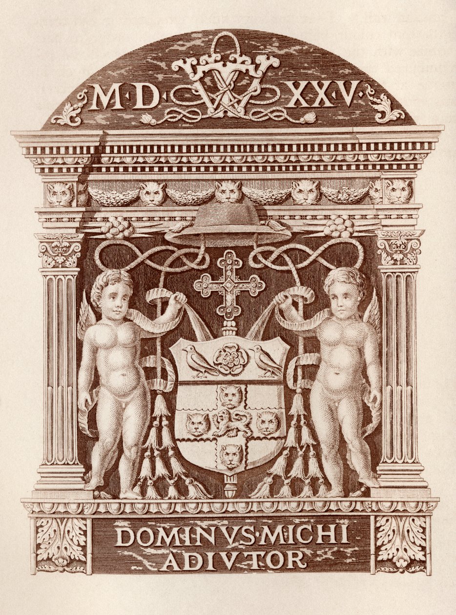 Wolsey bíboros fegyverei terrakottában a Hampton Court Palace-ban, a Tudor Times-i Hampton Court Palace történetéből Ernest Law, London 1885. alkotó: English School