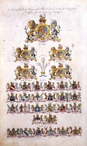 A király karjai, a vérkirályi hercegek, Anglia hercegei és márkinői (metszet) alkotó: English School