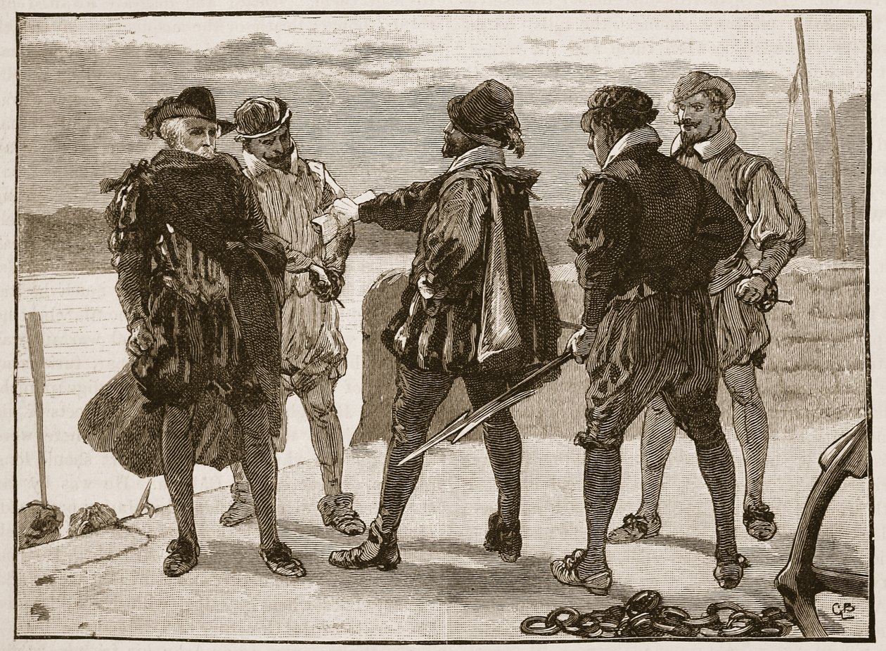 Sir Walter Raleigh letartóztatása, a Cassells Illustrated History of England illusztrációja (szépia fotó) alkotó: English School