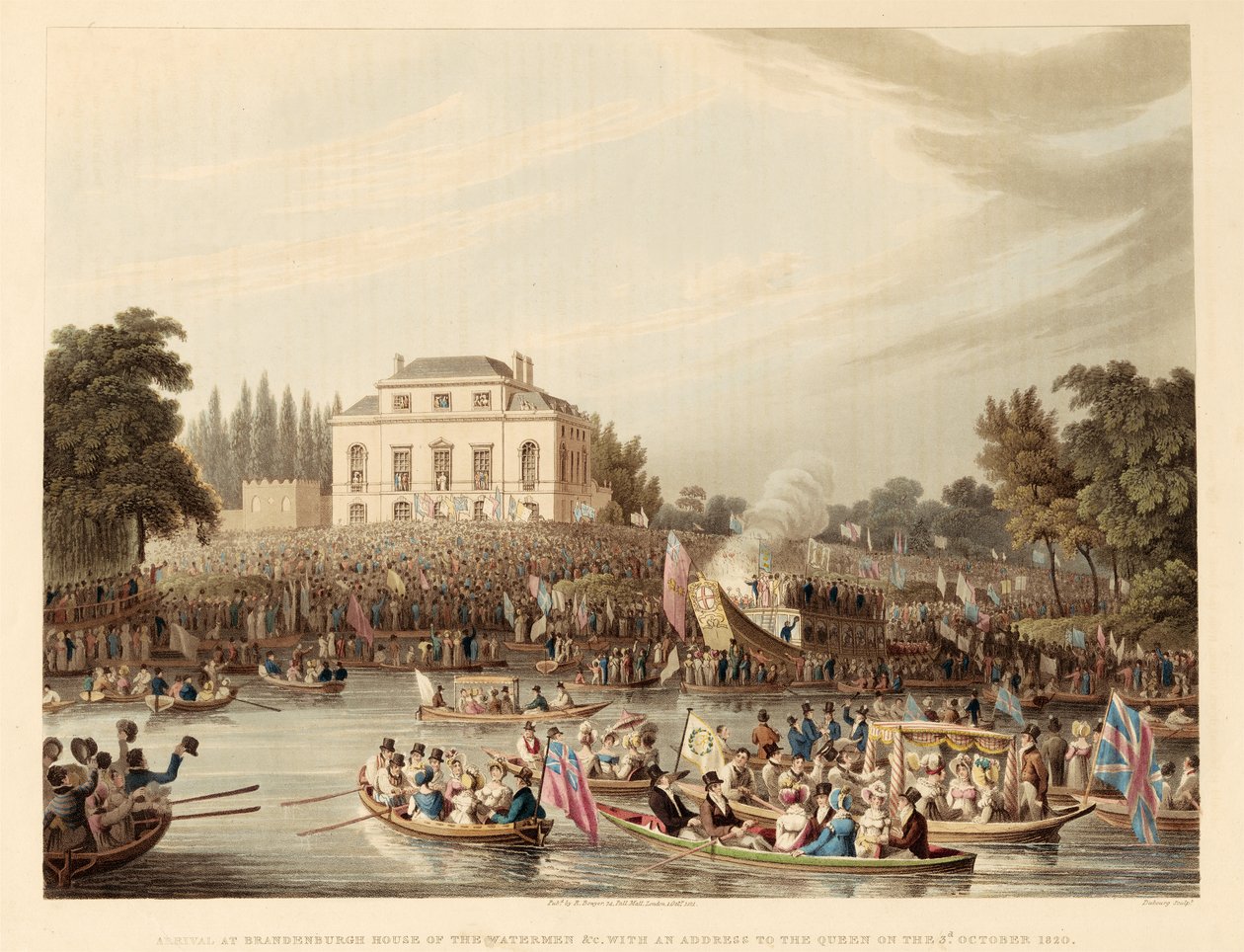 Érkezés a Brandenburgi Vízemberek Házába stb. a királynőhöz intézett beszéddel 1820. október 3-án, kocsma. 1821 (színes metszet) alkotó: English School
