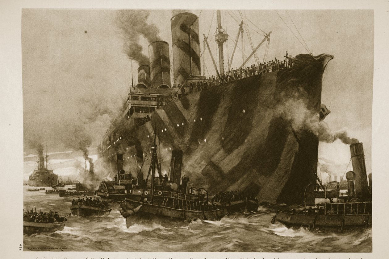 Az amerikai Leviathan, az egykori német vonalhajó, a Vaterland megérkezése Franciaországba 12 000 amerikai katonával a fedélzetén, 1914-1919 alkotó: English School