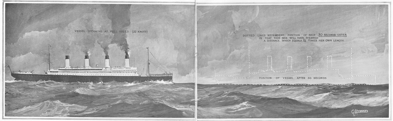 Cikk a „Nagy vonalhajók sebességéről: Olyan tényező, amely szükségessé teszi a fényszórókat és egyéb óvintézkedéseket”, a „The Sphere”-ből, 1912. május 4. (litho) (450833 részlet) alkotó: English School