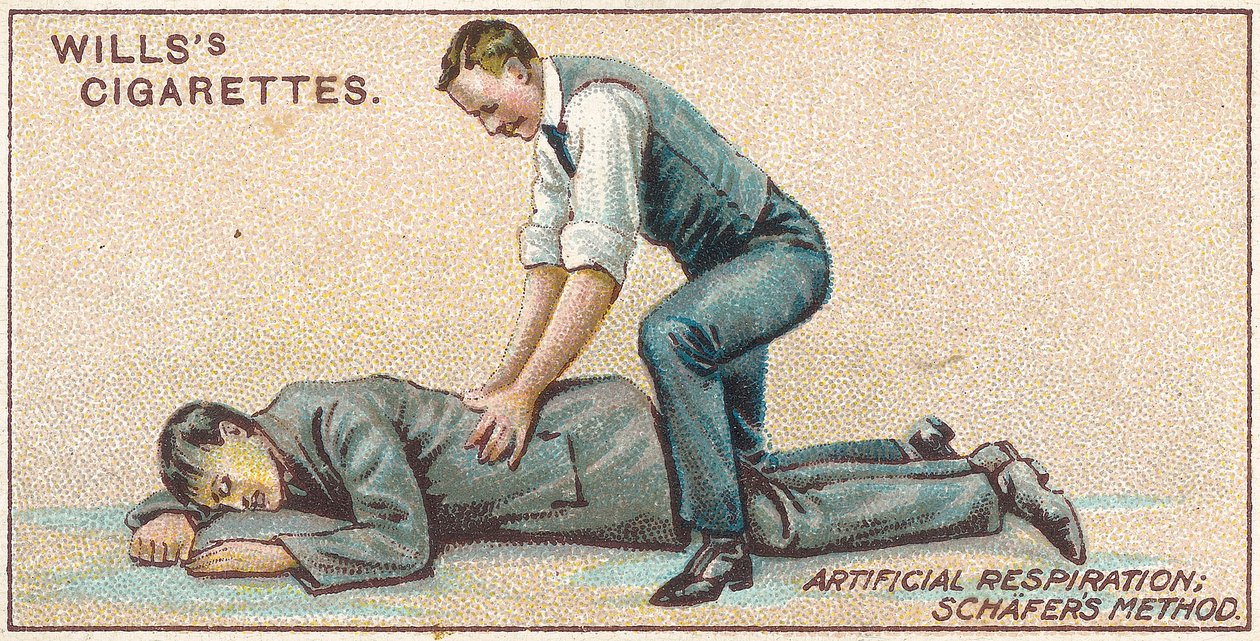 Mesterséges lélegeztetés, Schafers-módszer, 25. sz. a Willss Cigarettes kártya elsősegély-sorozatából, 1913 alkotó: English School