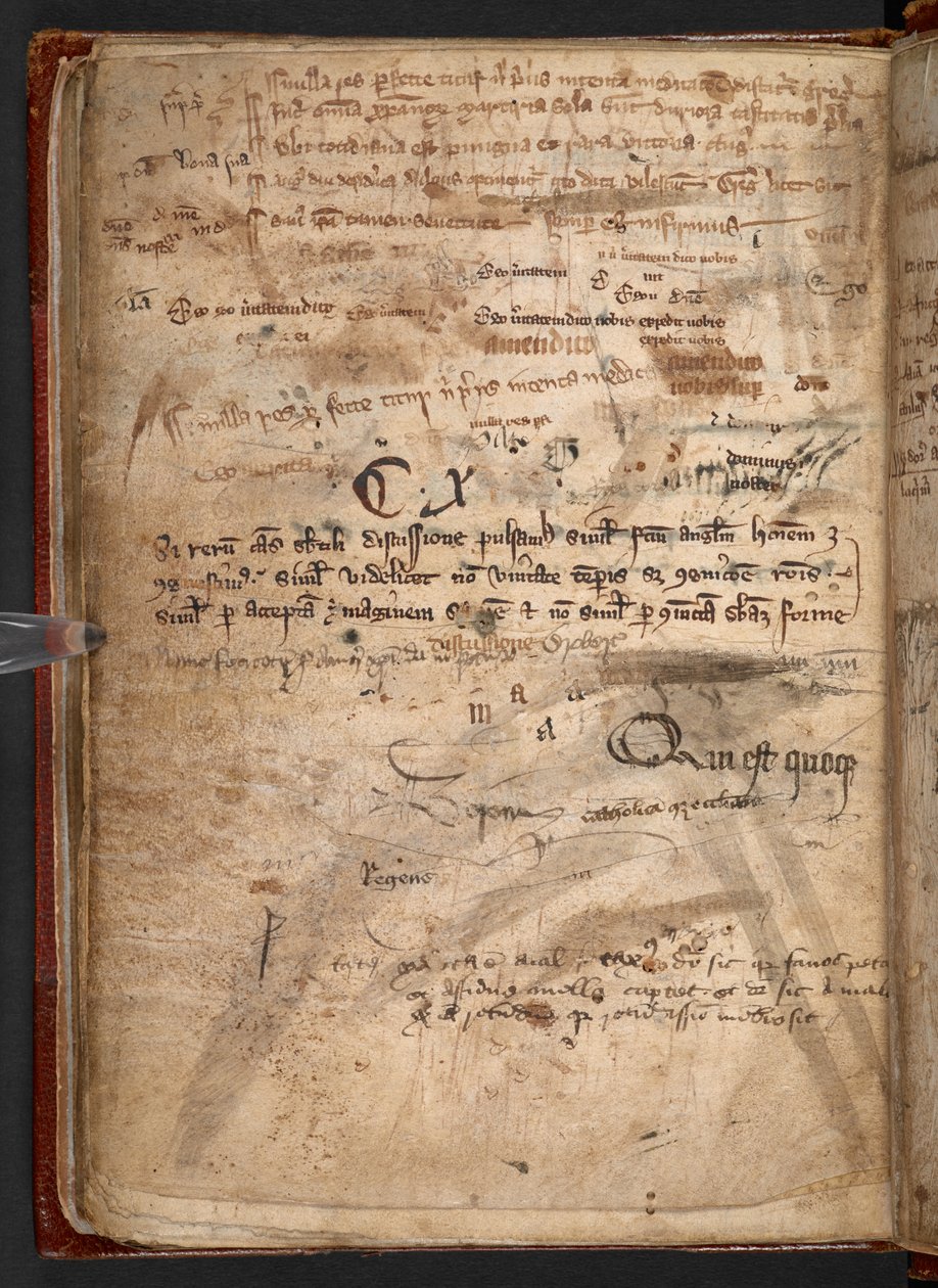 Arundel 292, f.114v, Kézirat sok tollpróbával, amely bemutatja, milyen akadálya volt a tömegműveltségnek a tolltoll (toll és tinta papíron) alkotó: English School