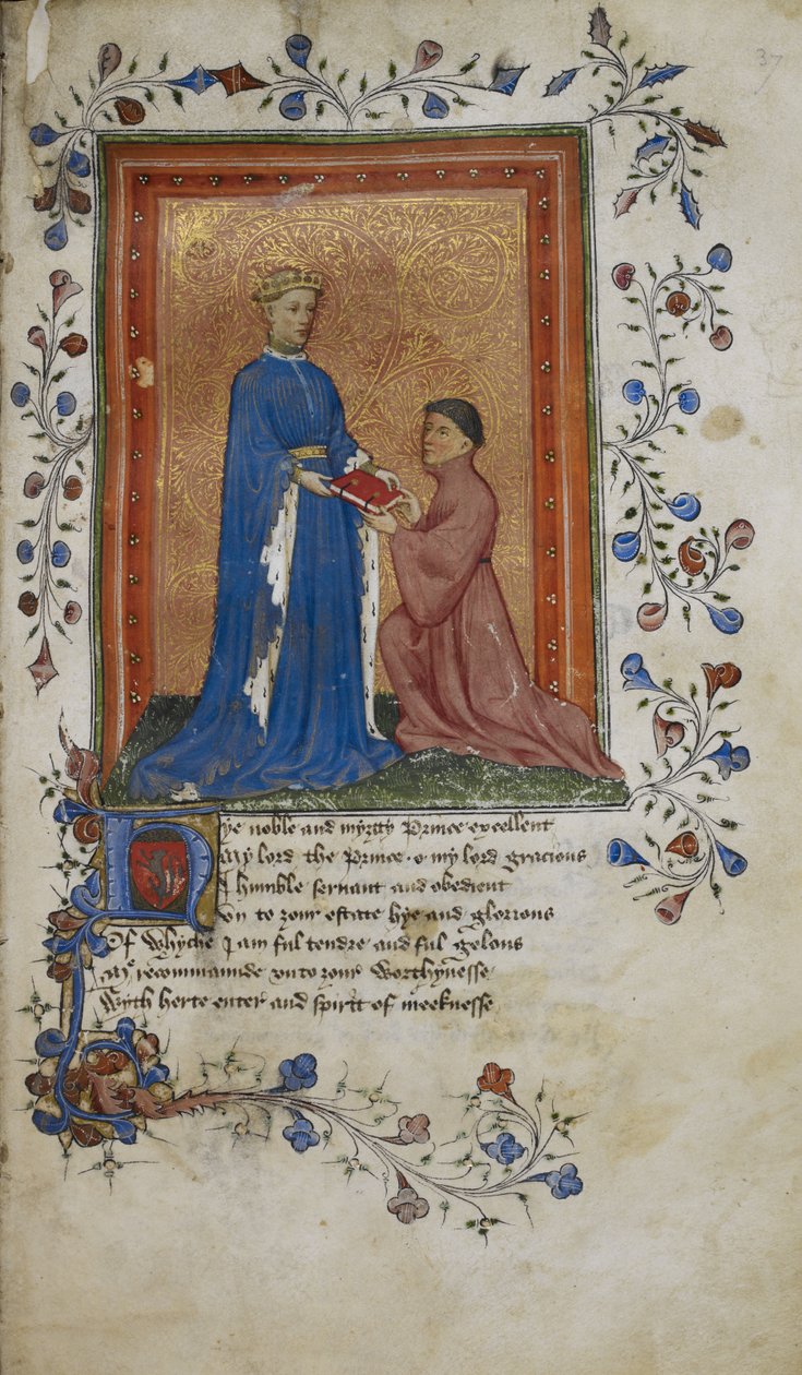 Arundel 38, f.37 Thomas Hoccleve könyvet ajándékoz Henry lancasteri hercegnek, a „De regimine principum” illusztrációja alkotó: English School