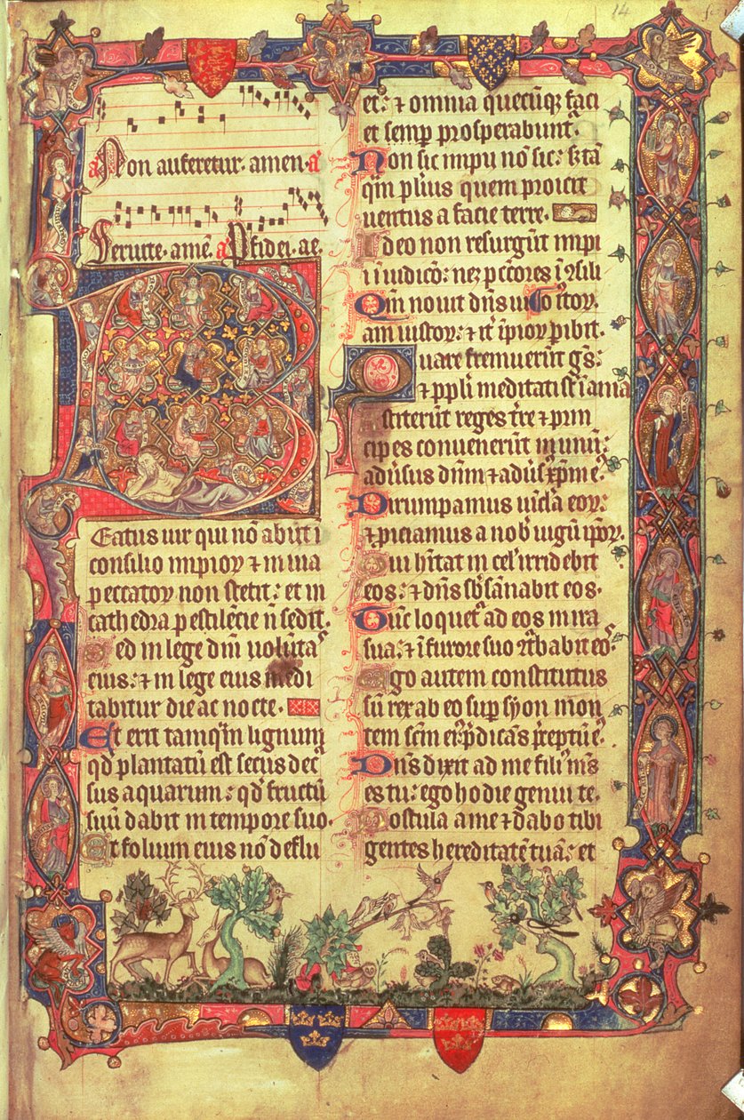 Arundel 83 f.14 Szarvasok és madarak, az Arundel Zsoltárból, 1310 körül (vellum) alkotó: English School