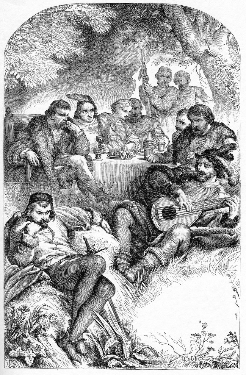 Ahogy tetszik - Illusztráció a „William Shakespeare műveivel kiegészítve” 1866-ban – Ennek a kiadásnak az illusztrációit és általános formáját Cassell illusztrált Shakespeare-jéből kölcsönözték, amely Londonban jelent meg alkotó: English School