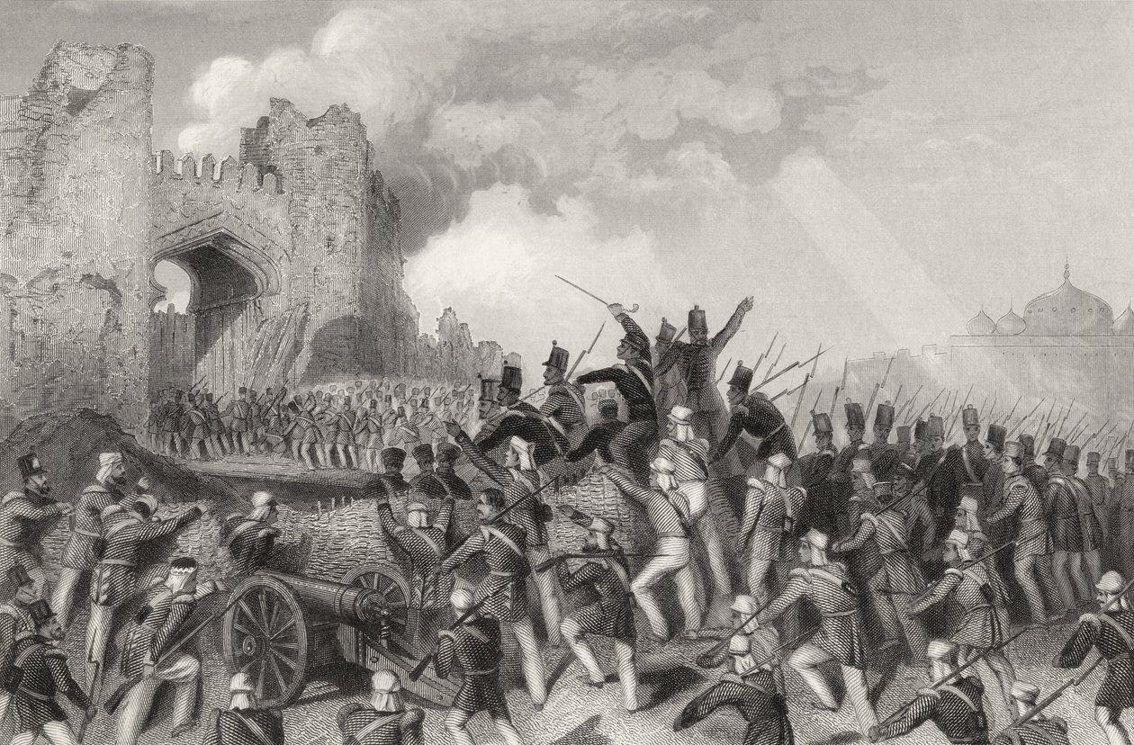Delhi megtámadása és a Kasmír-kapu elfoglalása 1857. szeptember 14-én, az 1858-ban megjelent „The History of the Indian Mutiny” c. alkotó: English School