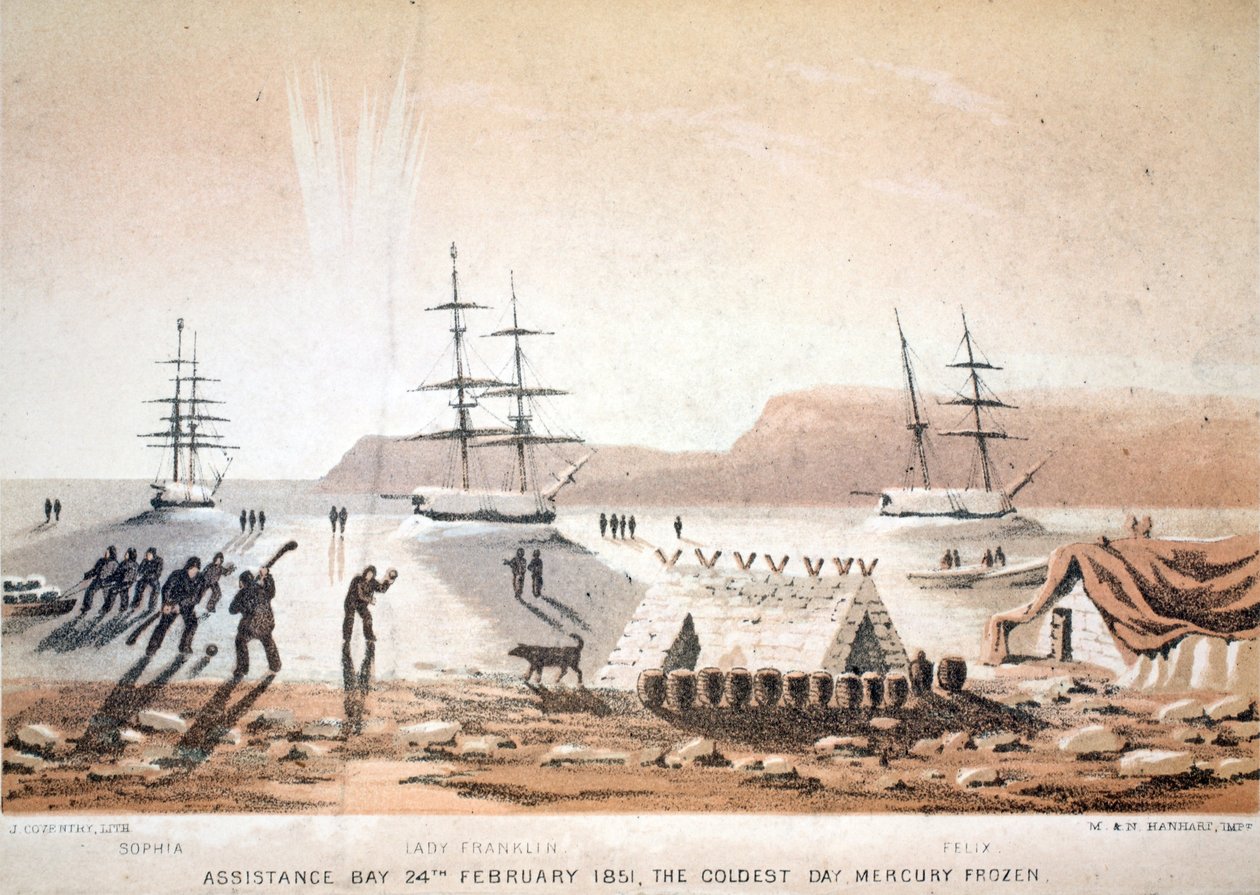 Assistance Bay, 1851. február 24., A leghidegebb nap. Mercury Frozen, illusztráció az Utazás a Baffins-öbölbe és a Barrow-szorosba..., 1852 (kézzel színezett metszet) alkotó: English School