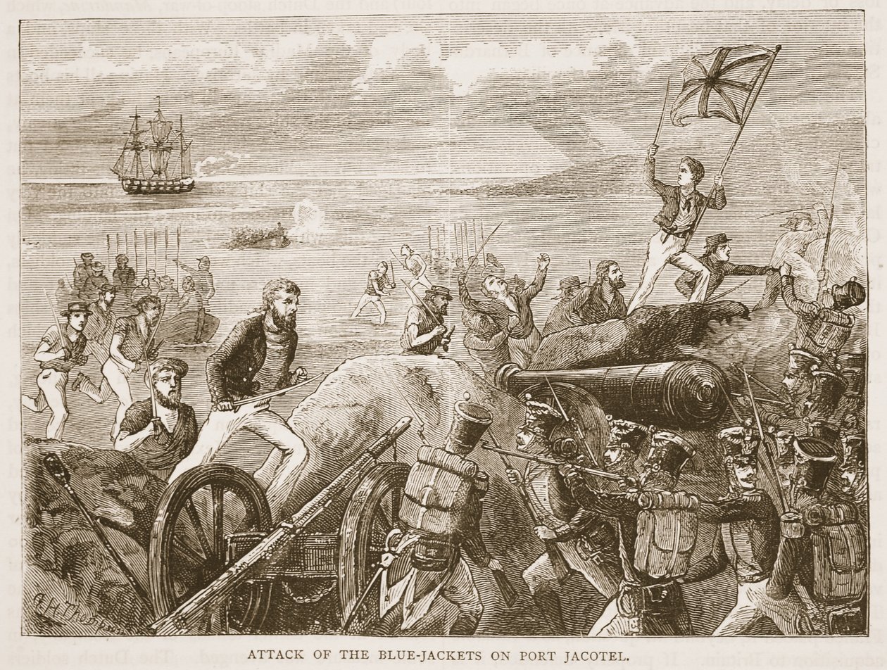 A kékkabátosok támadása a Port Jacotel ellen, illusztráció a Cassells Illustrated History of India című könyvéből, James Grant, pub. 1879 alkotó: English School