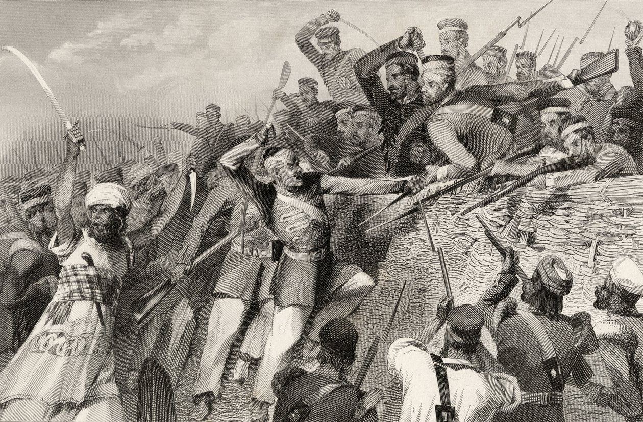 A lázadók támadása a Redan Battery ellen Lucknowban, 1857. július 30-án, az 1858-ban megjelent „The History of the Indian Mutiny” c. alkotó: English School