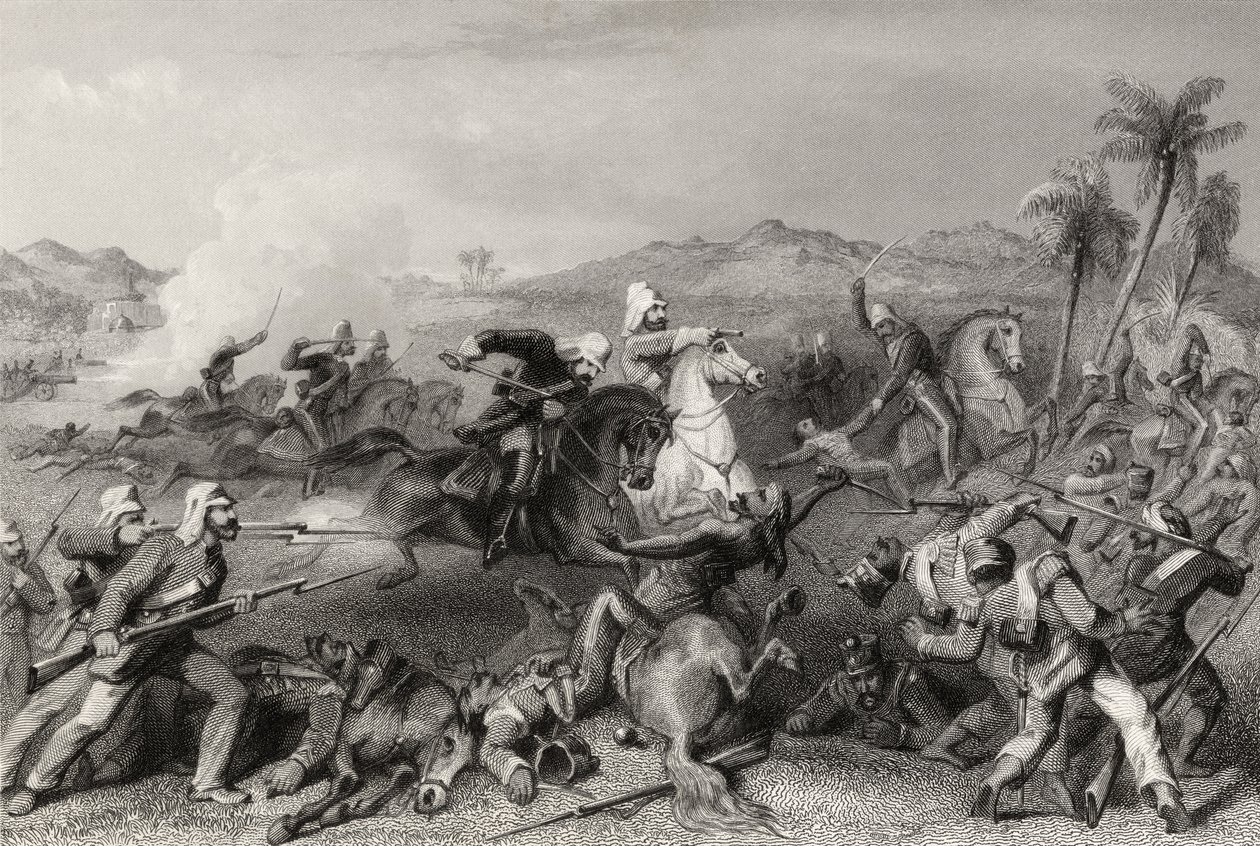 Nicholsons tábornok irreguláris lovasságának támadása a Sealcote-lázadók ellen 1857-ben, az 1858-ban megjelent „The History of the Indian Mutiny” c. alkotó: English School