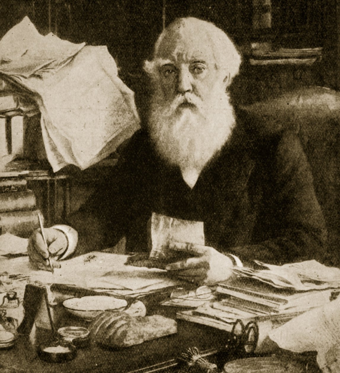 Austen Henry Layard az íróasztalánál ül alkotó: English School