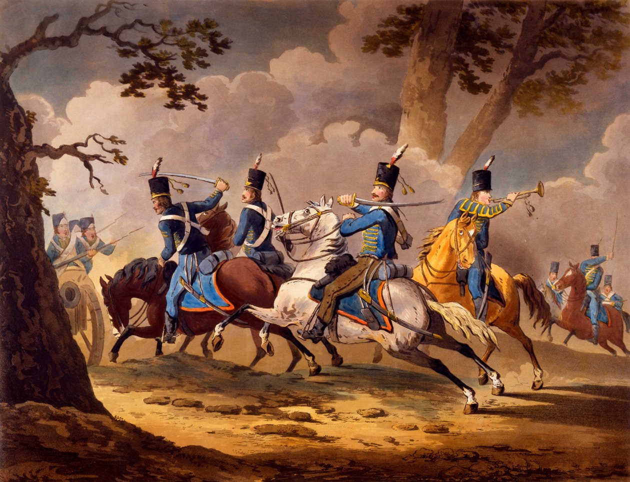 Az osztrák gyalogság a porosz huszároktól védi tüzérségét, a szövetségesek lovassági akciói a napóleoni hadjáratok során, 1799-1802 között (kézzel színezett litho) alkotó: English School