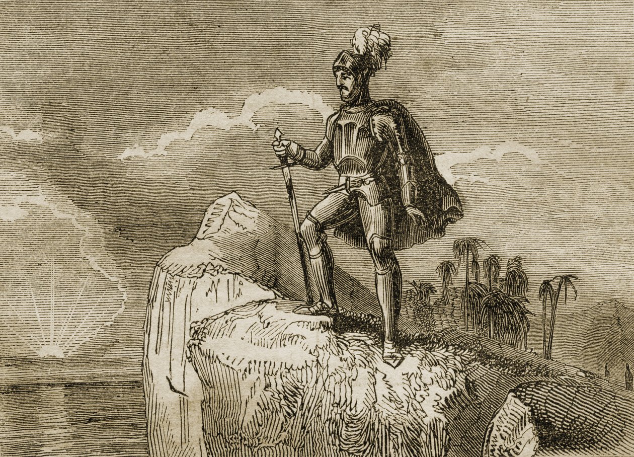 Balboa első pillantása a Csendes-óceánra 1513-ban, illusztráció a „Tales of Travelers or A View of the World”-ből, 1838-ban (litho) alkotó: English School