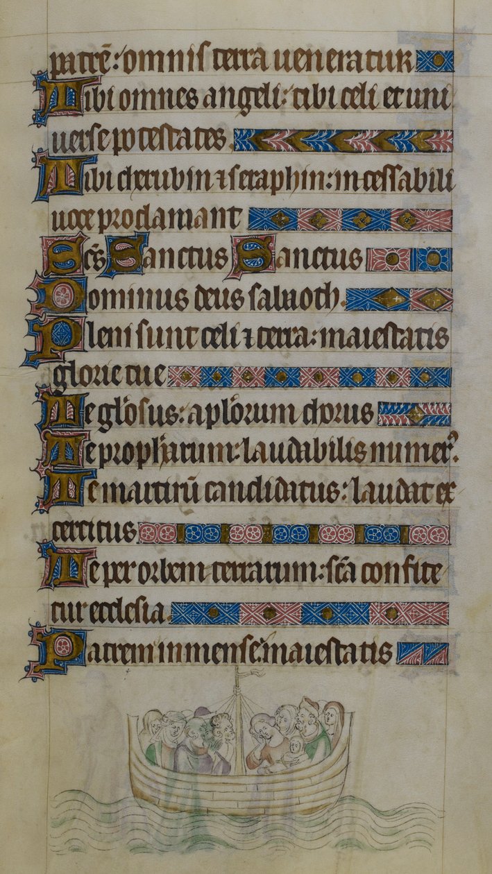 Bas-de-page jelenet, amelyen Thomas Becket és társai láthatók, amint egy csónakban átkelnek a Csatornán, amint franciaországi száműzetésbe utaznak, illusztráció a „Zsoltáros Mária királynőből”, 1310-20 körül (vellum) alkotó: English School